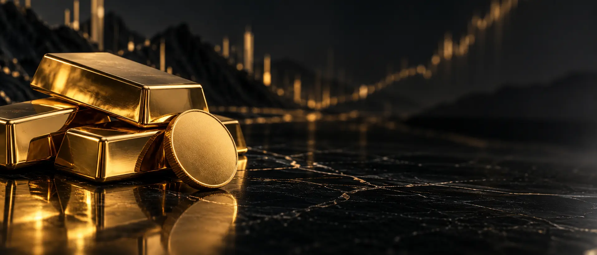 Gold bars and financial market screens